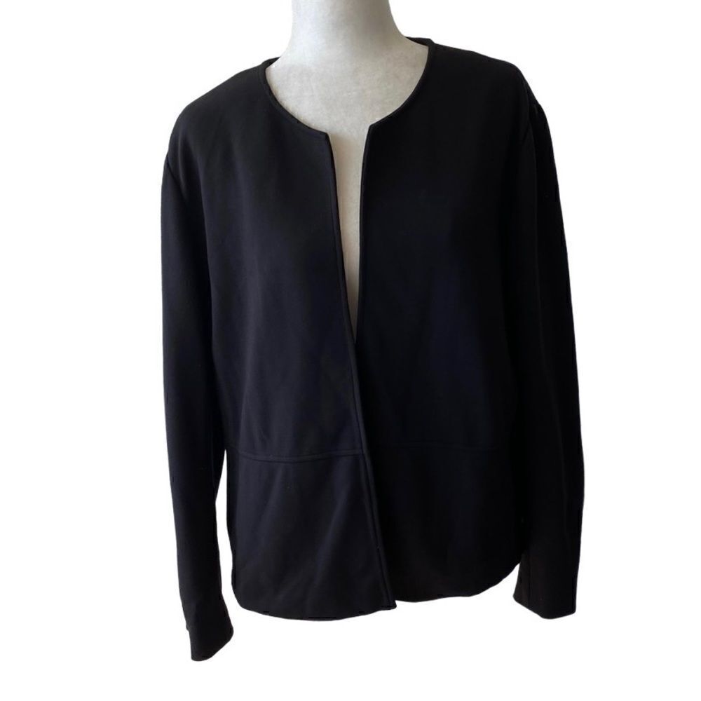 Joan Vass Open Front Black Blazer Pockets Collarless Jacket